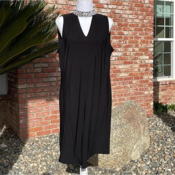 LORI M Collection Rhinestone Mock Neck Peep Hole V Neck Dress- Large- NWOT - Picture 1 of 14